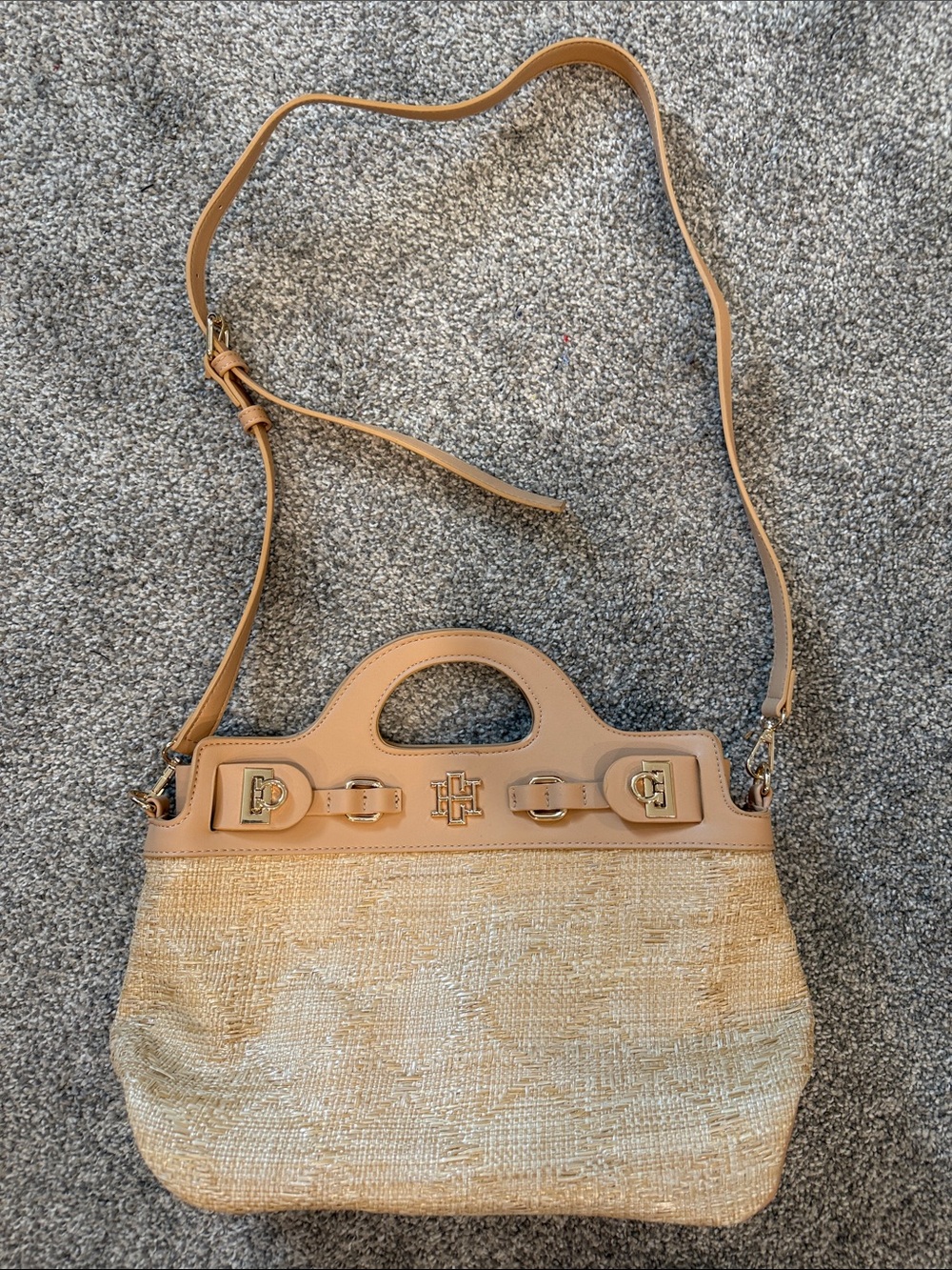 Tan Straw and Leather Shoulder Bag with Gold Hardware